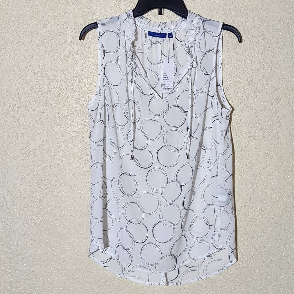 Apt 9 White and Black Design Ruffle Top L NWT